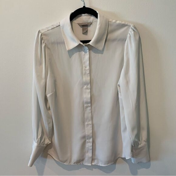 H&M White Sheer Puff-Sleeved Button Up Blouse Size Medium - Picture 1 of 11